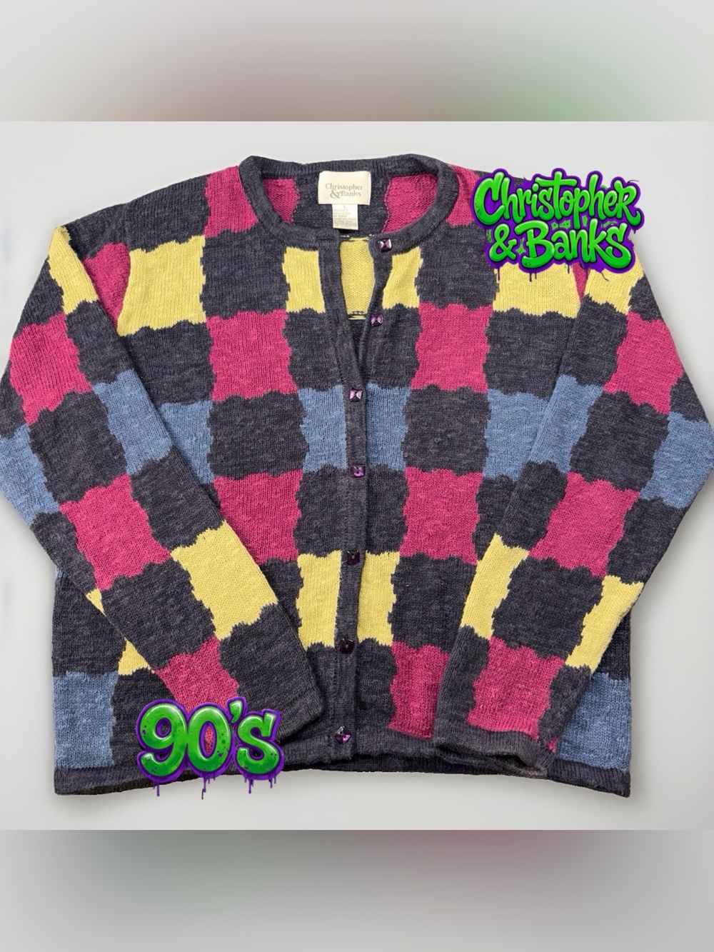 Vtg 90s Christopher & Banks Cardigan L Checker Funky Grandma 21.5x22 Ramie